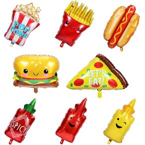 8pcs Food Themed Balloons, Aluminum Foil Food Balloons French Fries Popcorn Pizza Hamburger Hot Dog for Themed Parties Birthday Celebration Decoration