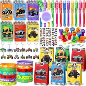 Winrayk Monster Truck Party Favors Birthday Supplies for Kids, Invisible Ink Pen Notebook Gift Bag Stamper Bracelet Keychain Tattoo Sticker, Boys Race Car Game Goody Stuffer Filler Monster Truck Decor