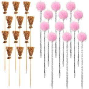 24 Pcs Witch Party Favors Including 12 Witch Broom Pens and 12 Pink Pom Pom Ballpoint Pens Goodie Bags Stuffer Broom Pencils Wands for Wizard Halloween Party Decorations Gifts (Classic)