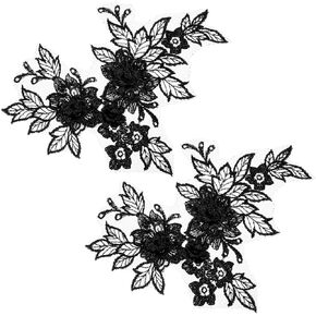 2 Pcs Black Embroidered Floral Appliques, 3D Lace Flower Applique Patches Vintage Rose Sew on Patches for Clothes Repairing DIY Sewing Craft for Wedding Dress Decoration