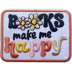 Books Make Me Happy Patch, Bookish 3 Inches Iron On/Sew On Embroidered Applique Fabric Reading Lover Patches for Clothes Backpacks Hat Jeans, Cute Reading Embroidery Patches for Book Lovers