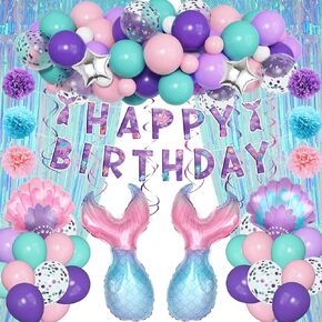 Mermaid Birthday Party Decorations, Pink and Purple Balloons Hanging Swirl Mermaid Tail Foil Balloons Blue Foil Curtains Paper Flowers for Girls Women Birthday Baby Shower Under The Sea Party Supplies