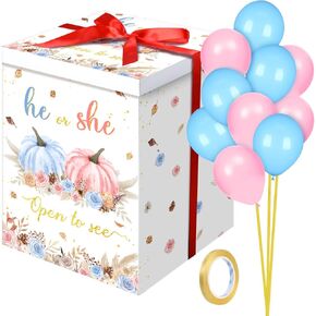Hungdao Gender Reveal Balloon Box with Ribbon and 10 Pink and Blue Balloons Gender Reveal Games He or She Open to See for Party Decoration 12"x12"x16"(Boho Bear)