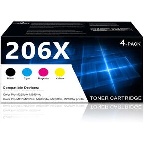 206X High Yield Toner Cartridges Set 4 Pack (with Chip) Replacement for HP 206X W2110X for Color Pro M255dw M255nw Color Pro MFP M282nw M283cdw M283fdn M283fdw Printer (Black Cyan Magenta Yellow)