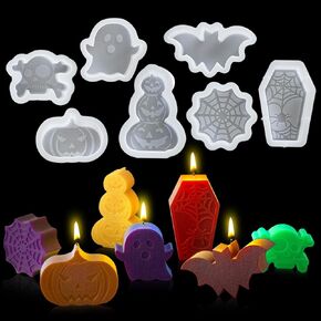 Voyyphixa 7PCS Halloween Resin Molds Set Candle Silicone Mold Skull Cobweb Bat Ghost Pumpkin Halloween Ornaments Epoxy Resin Casting Molds for Candle Craft Soap Home Decor