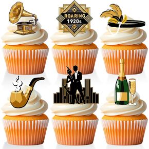 18 PCS 1920s Cupcake Toppers for Men Wowen Birthday Black and Gold Roaring Twenty 1920s Vintage Party Supplies Roaring 20s Party Decorations