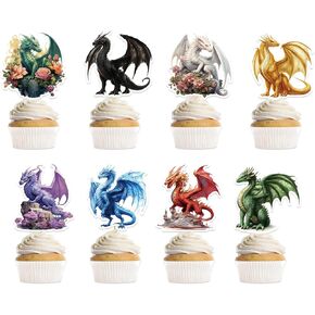 40 Pcs Dragon Birthday Party Decorations, Cool Dragon Themed Cupcake Toppers, Fun Party Supplies for Kids (8 Designs)