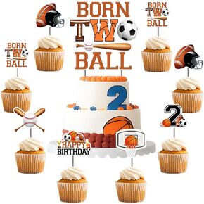 Born 2 Ball Birthday Decoration, 25pcs Sports Theme Cake Cupcake Topper Double-Sided Printing Basketball Football Soccer Baseball Cake Decor for Boy Girl Born Two Ball 2nd Birthday Supplies