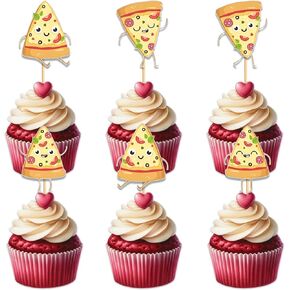Gold Glitter Happy Birthday Pizza Cupcake Topper for Delicious Food Theme Party Favors Decorations Men Women Happy Birthday Party Decor Supplies set 18pcs