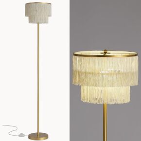 2 Light Gold Boho Floor Lamp with 2-Tier Tassels/Fringe Lampshade,66" Tall Mid Century Standing Bedroom Lamp,Soft Lighting Nursery Floor Lamp for Bedroom Livingroom