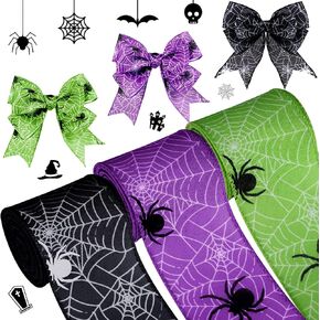 Hanaive 3 Rolls 15 Yards Halloween Ribbon Edge 2.5 Inch Halloween Spider Web Wired Ribbons Colorful for Home Party Decor Wrapping(Green, Purple, Black)