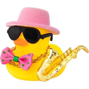 wonuu Rubber Duck Car Ornaments Cute Car Accessories for Duck Car Dashboard Decorations with Bow Tie TOP Hat Necklace and Musical Instruments, Pink hat&tie