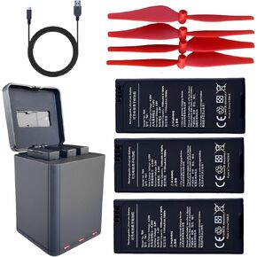 3 x 1100mah Battery for DJI Tello Ryze Rc Quadcopter + USB Charger + 4pc Red Propeller
