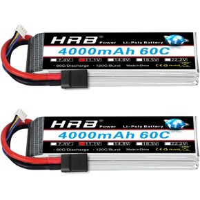HRB 2PCS 3S Lipo Battery 4000mAh 11.1V 60C RC Lipo Batteries for RC Airplane, RC Helicopter, RC Car, RC Truck, RC Boat