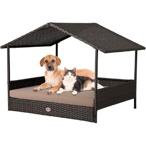 Huntley Pet Rattan Wicker Indoor Outdoor Cabana Raised Pet Bed with Canopy, Weather Proof Cushion Cover