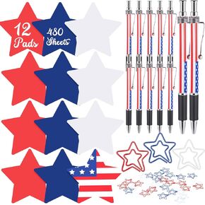 Patriotic Red Blue Sticky Notes and Pens Bulk 480 Star Shape Note Pads to Do List, 12 American Flag Ballpoint Pen and 60 Star Paper Clips Patriotic Favor for Veterans Day Home Office Supplies