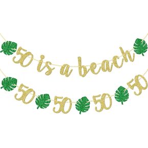 50 is a Beach Banner, Palm Leaves 50th Birthday Banner, Summer Beach Birthday Banner, Hawaiian Luau 50 years old Birthday Decorations, Beach Themed Happy 50th Birthday Decorations (Gold Glitter)