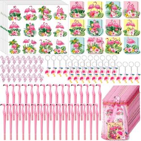 Pasimy 144 Pcs Flamingo Party Stationery Gifts, Pink Flamingo Mini Notepads and Pen Flamingo Shape Paper Clips Keychains and Organza Bags for Hawaiian Luau Flamingo Themed Gifts Favor Party Supplies
