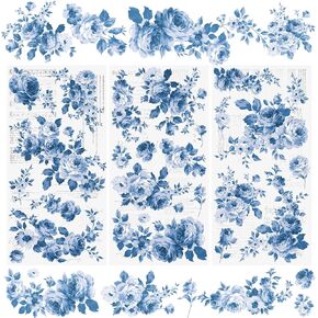 WANDIC 3 Sheets Rub On Transfer Stickers, Blue Flowers Decals Waterproof Stickers Furniture Transfers Stickers for DIY Scrapbooking