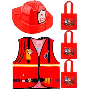 9 Pcs Kids Fireman Costumes Include 3 Firefighter Vests 3 Fireman Helmets 3 Firefighter Tote Bag Firefighter Dress Up Set for Boys Girls Birthday Halloween Pretend