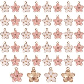 40 Pcs Cherry Blossom Flower Charms for Jewelry Making, Gold Plated Enamel Flower Charms, Cute Flowers Pendants for Bracelets Necklaces Earrings Purse Keychains DIY Crafts（Pink White）