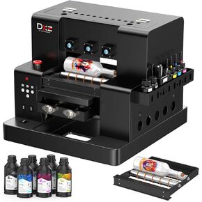 DXZ A4 L805 UV Flatbed Printer - Varnish with Rotary UV Ink for Acrylic, Metal, Leather, Golf, Bottle, Phone Case and More,2-Year Ink Included (Printer + Bottle Holder + Software)