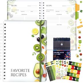 Recipe Book for Own Recipes of 6"x9", Full-Color Printing Recipe Book , Recipe Book to Write in Your Own Recipes with 3 Sheets of Stickers , 12 Colored Pens Blank Recipe Book , Recipe Notebook