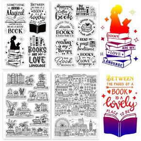 GLOBLELAND 4 Sheets Books Theme Clear Stamps for Card Making Reading Lovers Silicone Clear Stamp Seals Transparent Stamps for DIY Scrapbooking Journals Decorative Photo Album