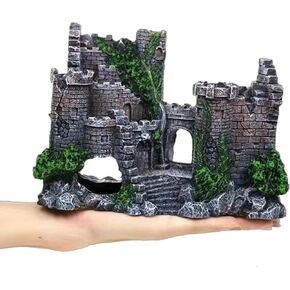 Aquarium Resin Castle Decoration, Fish Tank Castle Decoration with Hideout & Swim-Through Tunnels, Resin Castle for Betta,Turtle,Shrimp & Small Fish, Ideal Hideouts Stone Cave Hide House