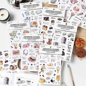 Maxleaf 12Sheets Vintage Adhesive Stickers for Scrapbook Decoration, Retro Foods Bread Fruits Bagel Convenience Store Stickers for Daily Life Diary Album Decoration
