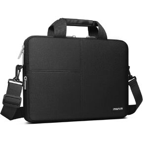 MOSISO Laptop Shoulder Bag Compatible with MacBook Air/Pro,13-13.3 inch Notebook,Compatible with MacBook Pro 14 inch 2023-2021,Polyester Briefcase with Front 3 Rectangle Separate Pockets & Belt, Black