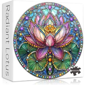 PICKFORU Stained Glass Lotus Flower Puzzle for Adults 1000 Pieces, Round Beautiful Gems Jewel Floral, Colorful Mosaic Flower Jigsaw Puzzles Pretty, Difficult Hard Challenging for Adults