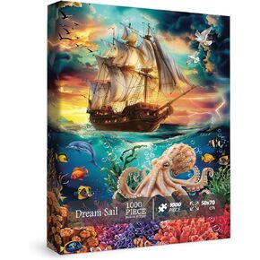 Ocean Sailboat Octopus Puzzles for Adults 1000 Pieces, Colorful Beach Dolphin Sea Jigsaw Puzzles, Beautiful Art Bird Scenic Puzzle