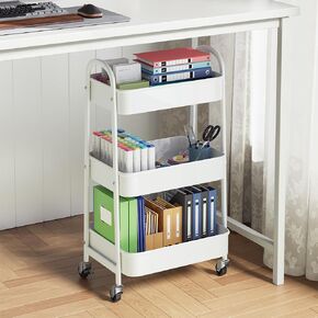 3 Tier Rolling Carts, Under Desk Rolling Storage Cart with Lockable Wheels & Hanging Cups & Hooks, 25 "Height Metal Mobile Trolley Cart for Office, Study, Baby Diaper, Bathroom, Kitchen, Laundry, Art