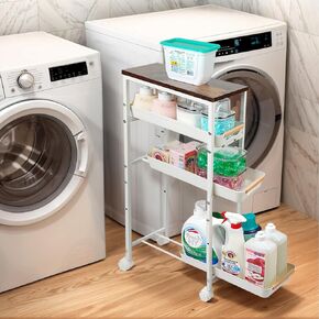 Slim Laundry Small Rolling Cart Organizer with Wood Top, 5 Tier Rolling Storage Cart with Pull-Out Drawers, Metal Narrow Bathroom Storage, Narrow Kitchen Rolling Cart(Black)