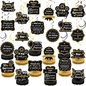 36 Pcs CNA Week Appreciation Party Decoration We Appreciate You Table Honeycomb Centerpieces Thank You Hanging Swirls Banner for CNA Teacher Nurse Staff Employee(Blue Gold)
