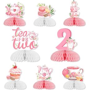 8pcs Tea for Two Birthday Honeycomb Centerpieces Pink Floral Teapot Theme Birthday Party Decorations Tea for Two Bday Table Decoration for Teapot Second Bday Supplies