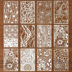 12 Pcs Mixed Stencils for Painting, Stencils for Crafts Reusable 11.02 X 7.09 Inch Wood Grains Flower Texture Templates Spider Web Layering Spray Paint Kit on Wall Canvas Cake Card DIY Crafts