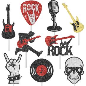 24Pcs Glitter Rock Theme Cupcake Toppers Rock and Roll Birthday Party Decoration Rock Guitar Theme Birthday Cake Cupcake Toppers for Rock Star Birthday Party Baby Shower Supplies
