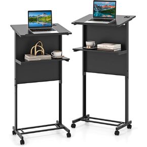 Giantex Mobile Lectern Podium, Height Adjustable Rolling Laptop Cart with Tilting Tabletop, Storage Shelf & Lockable Wheels, Portable Pulpit Podium Stand for Classroom, Church, Office (Black, 1 Pack)