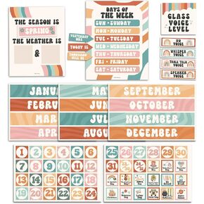 Classroom Calendar Set Bulletin Board Decor – School Calendar For Classroom Elementary & Preschool, Bulletin Board Decorations With Weather Chart & Seasons, Retro Teacher Must Haves