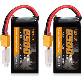 2S Lipo Battery 2500mAh 7.4V 80C High Discharge Rate Shorty Pack RC Batteries with Dean-Style T Plug Fit for RC Airplane FPV Quadcopter Helicopter Drone and Racing RC Hobby Model High Capacity
