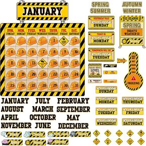 Funrous 87 Pcs Construction Classroom Calendar Set Bulletin Board Decorations with Weather Season Months Weeks Days Under Construction Theme Chart School Calendar for Classroom Elementary Preschool