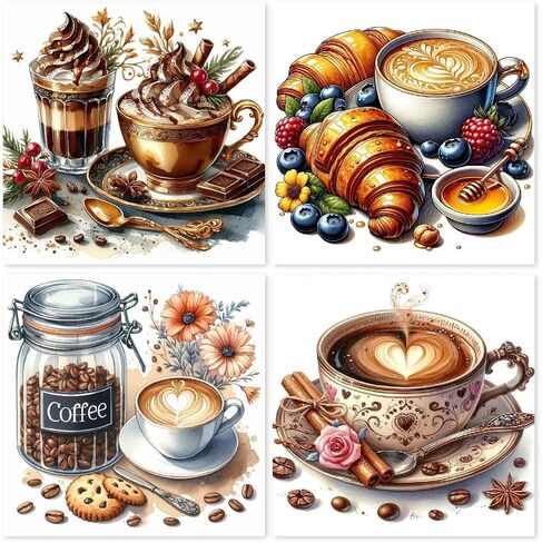 4Packs Coffee Diamond Art Kits for Adults,Vintage Coffee Diamond Painting Kits,DIY 5D Diamond Art Painting Kits,Gem Art Painting Kits for Home Wall Decor 13.8x13.8inch in Saudi Arabia