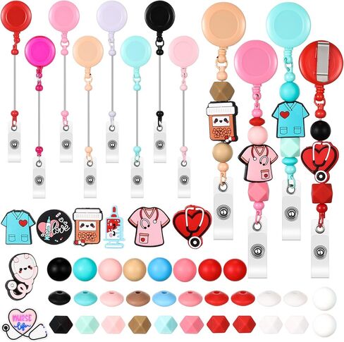 Geyoga 8 Set Beadable Badge Reels Nurse Back to School Gifts Retractable DIY Badge Reel Kit Beaded Blank Bars ID Name Holder Beadable Items Appreciation Gift First Day of School Supplies for Class in Saudi Arabia