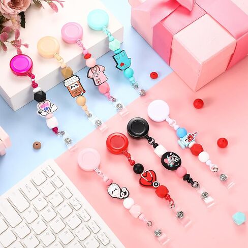 Geyoga 8 Set Beadable Badge Reels Nurse Back to School Gifts Retractable DIY Badge Reel Kit Beaded Blank Bars ID Name Holder Beadable Items Appreciation Gift First Day of School Supplies for Class in Saudi Arabia
