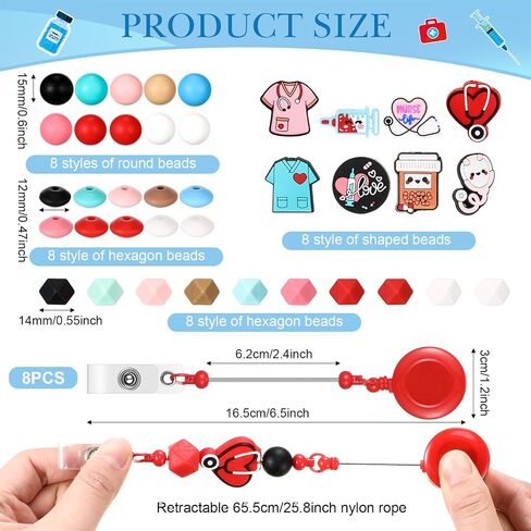 Geyoga 8 Set Beadable Badge Reels Nurse Back to School Gifts Retractable DIY Badge Reel Kit Beaded Blank Bars ID Name Holder Beadable Items Appreciation Gift First Day of School Supplies for Class in Saudi Arabia