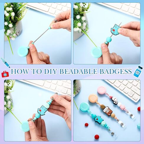 Geyoga 8 Set Beadable Badge Reels Nurse Back to School Gifts Retractable DIY Badge Reel Kit Beaded Blank Bars ID Name Holder Beadable Items Appreciation Gift First Day of School Supplies for Class in Saudi Arabia