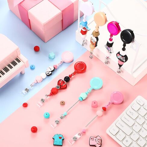 Geyoga 8 Set Beadable Badge Reels Nurse Back to School Gifts Retractable DIY Badge Reel Kit Beaded Blank Bars ID Name Holder Beadable Items Appreciation Gift First Day of School Supplies for Class in Saudi Arabia