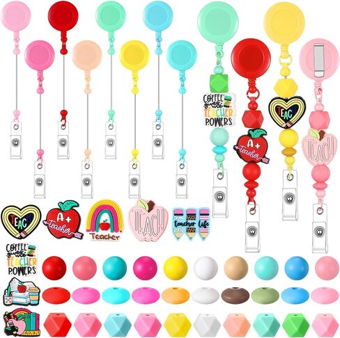 Geyoga 8 Set Beadable Badge Reels Nurse Back to School Gifts Retractable DIY Badge Reel Kit Beaded Blank Bars ID Name Holder Beadable Items Appreciation Gift First Day of School Supplies for Class in Saudi Arabia